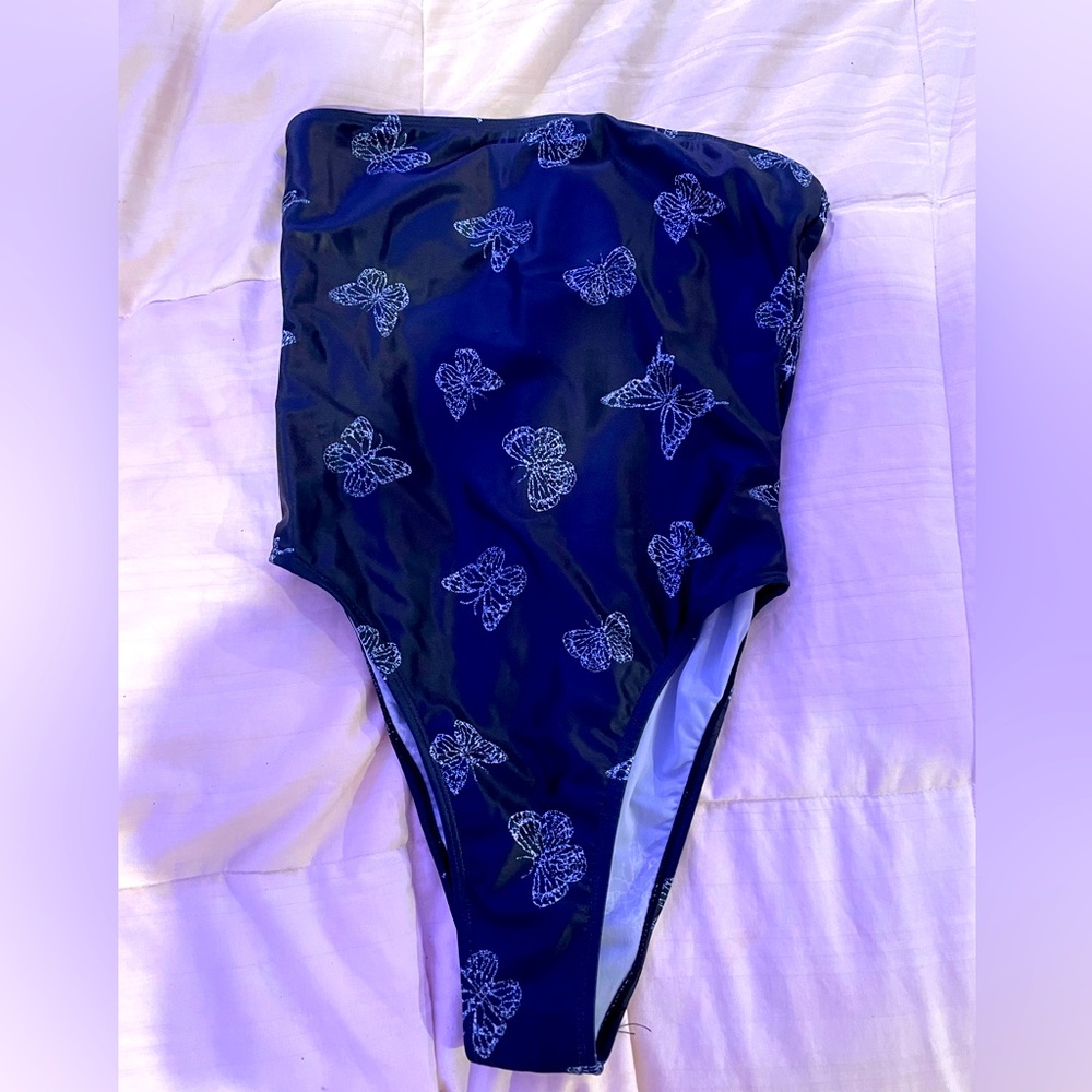 One-Piece Swimsuit - Navy Blue + Butterflies